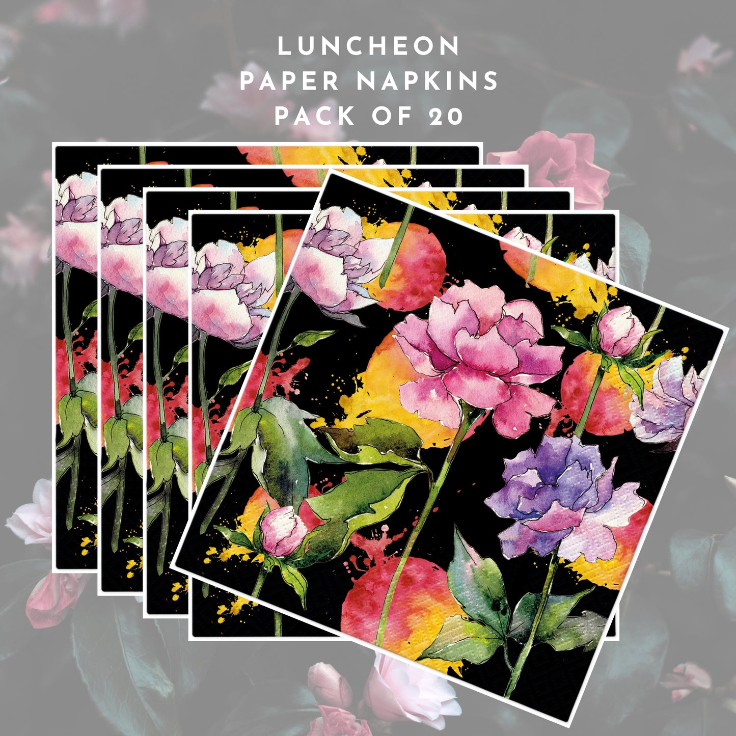 Flowers Napkins Decorative Peony Black Floral Paper Decoupage Napkin #5321