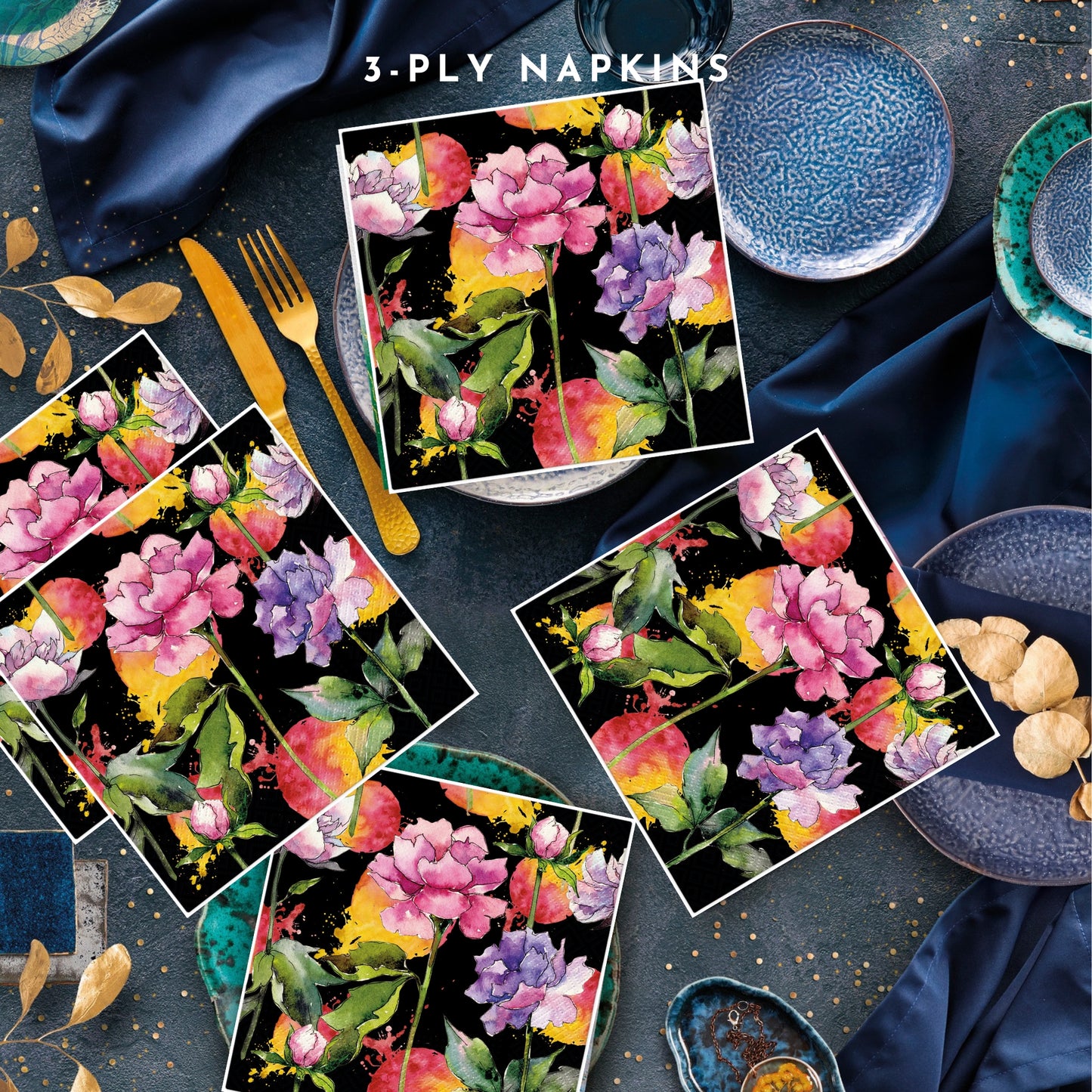Flowers Napkins Decorative Peony Black Floral Paper Decoupage Napkin #5321